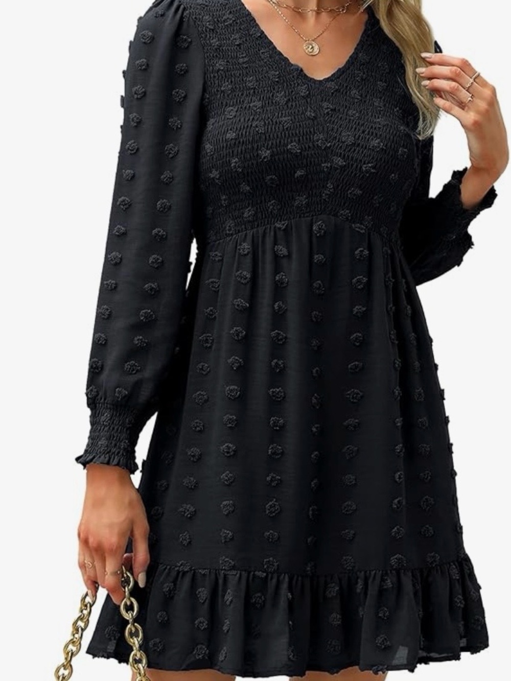 Black Smocked V-Neck Long Sleeve Textured Dot Dress